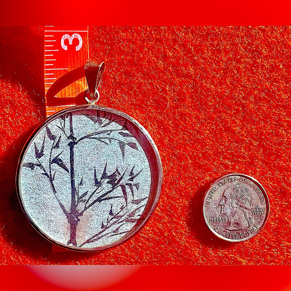 Antique Bamboo Painted Rice Paper, Glass Covered Silver Pendant, 2” Round
